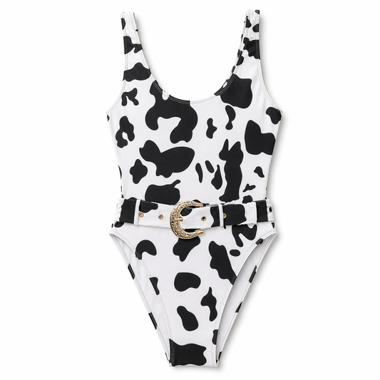 Cow Print Belted One-Piece White