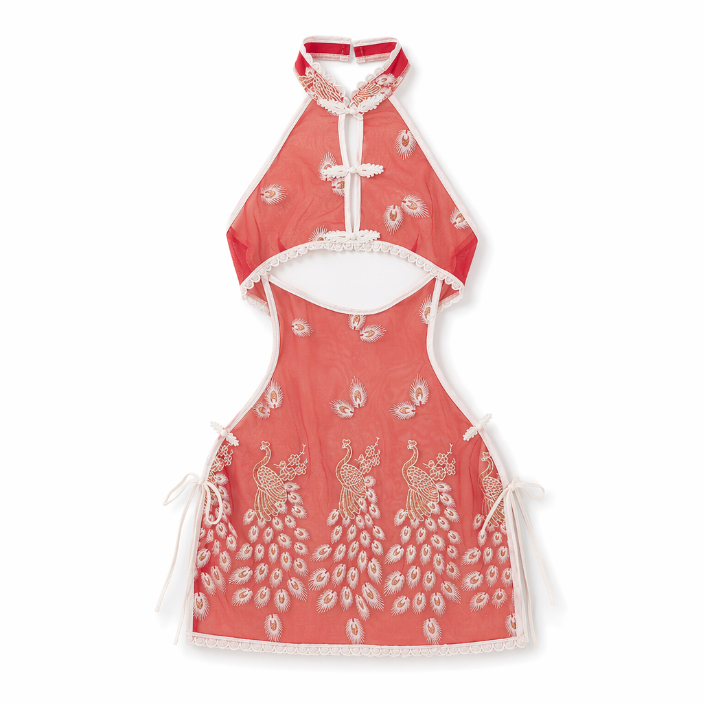 Peacock Print Irresistible Chinese Dress Red