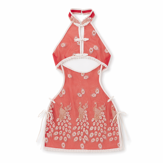 Peacock Print Irresistible Chinese Dress Red