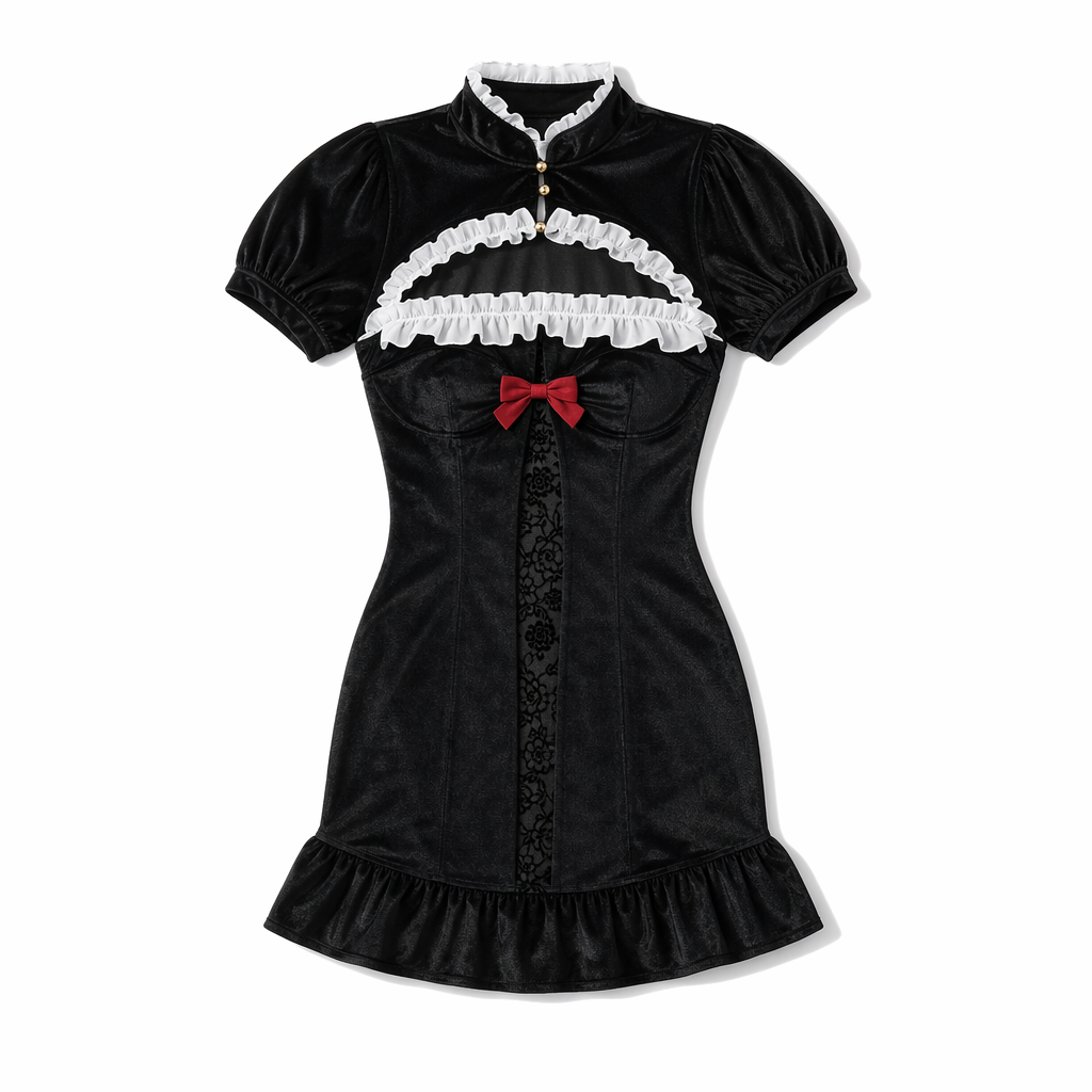 Black Cheongsam Dress with Crop Top Black