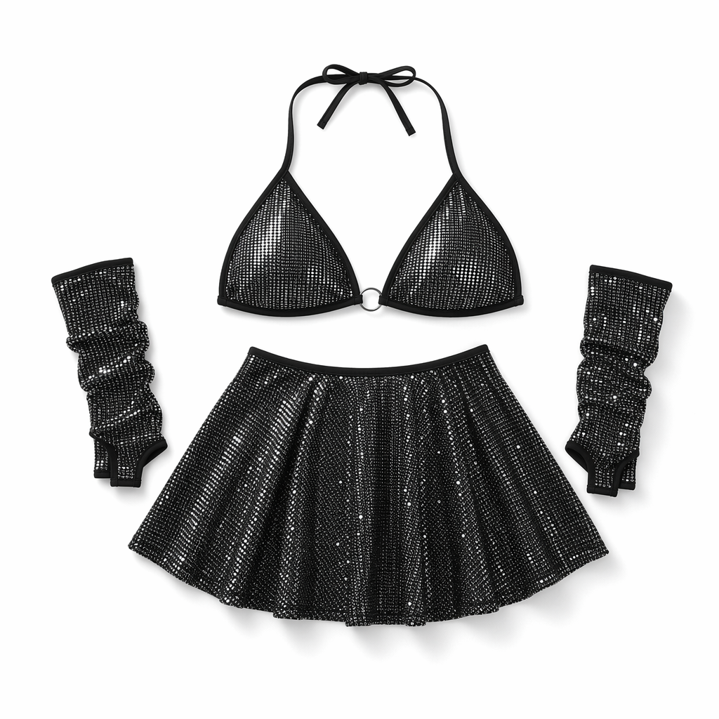 Irresistible Glitter Stripper Outfit Set Black