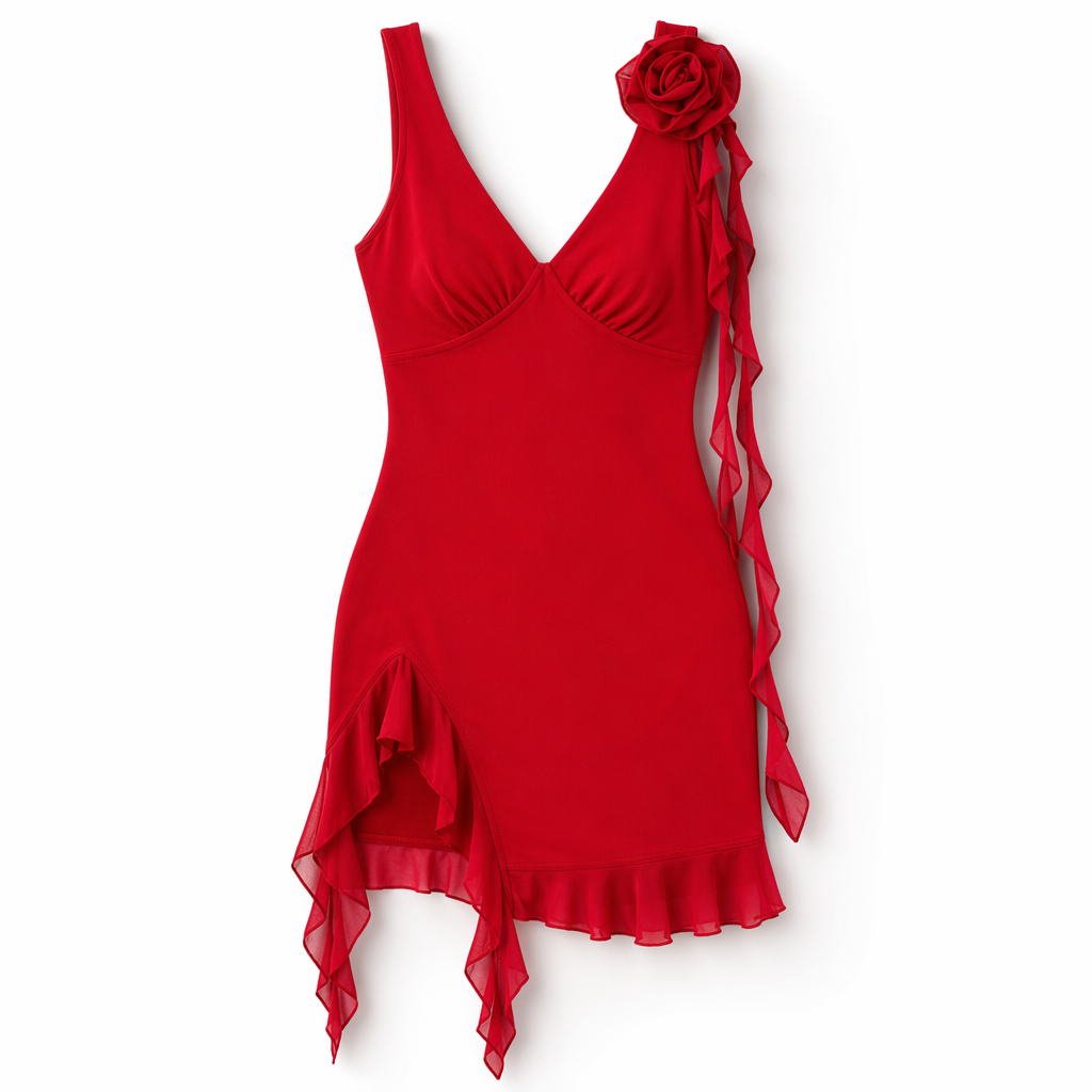 Devine Ruffled V-Neck Sleeveless Mini Dress Deep Red