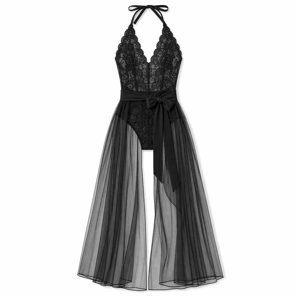 Sheer Backless Bodysuit with Deep V-neck Black