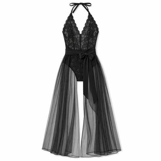 Sheer Backless Bodysuit with Deep V-neck Black