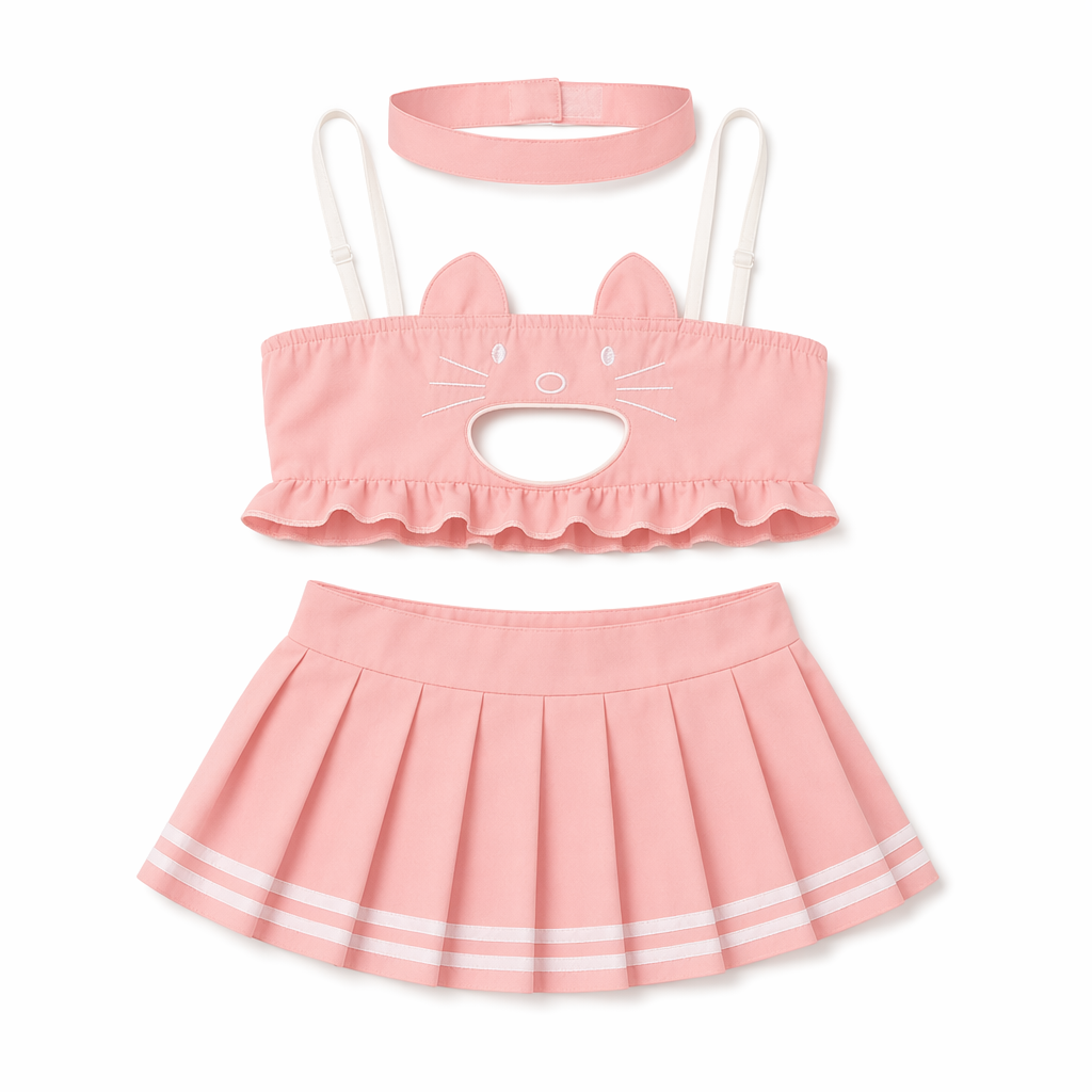 Cute Kitten Costume Set: Keyhole Tube, Pleated Skirt Pink