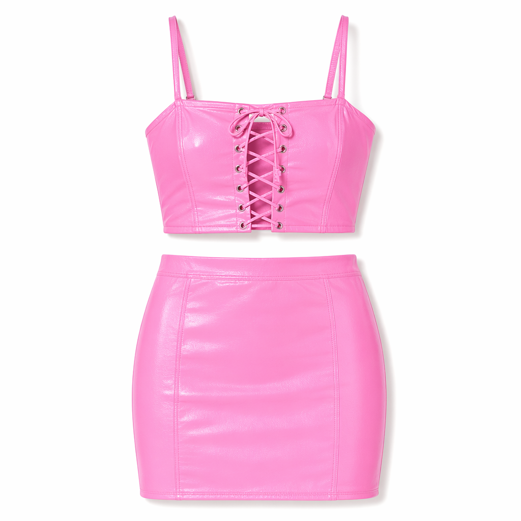 Leather Lace-Up Crop Top & Bodycon Mini Skirt Pink