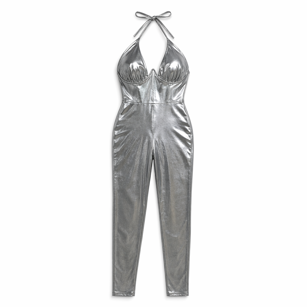 Shimmering Halter-Backless Metallic Jumpsuit Silver