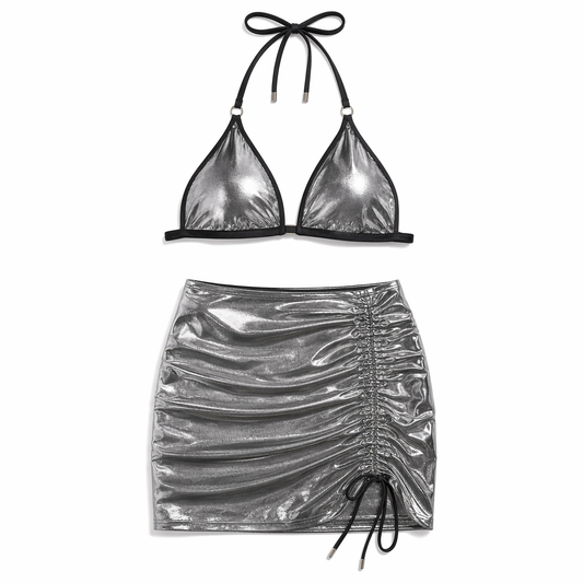 Metallic Skirt Set with Halter Silver