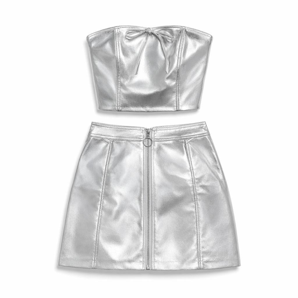 Shiny Rave Outfit with Strapless Bustier and Mini Skirt Silver
