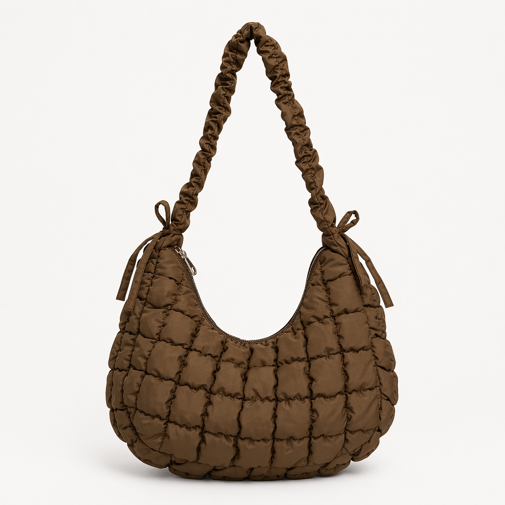 Bubble Texture Ruched Strap Quilted Shoulder Bag Brown
