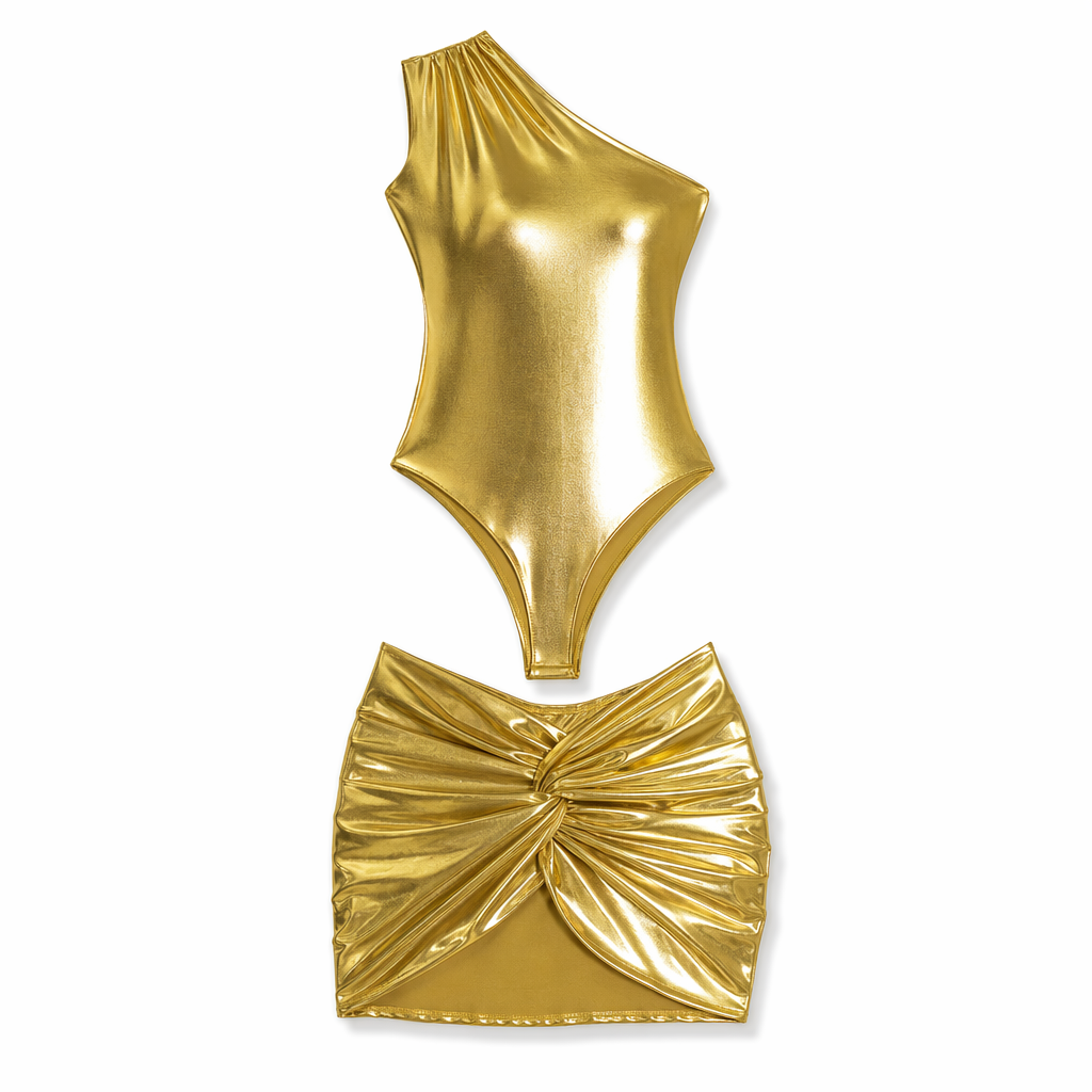 Metallic Skirt Set: One-Shoulder Bodysuit and Twist Mini Skirt Gold