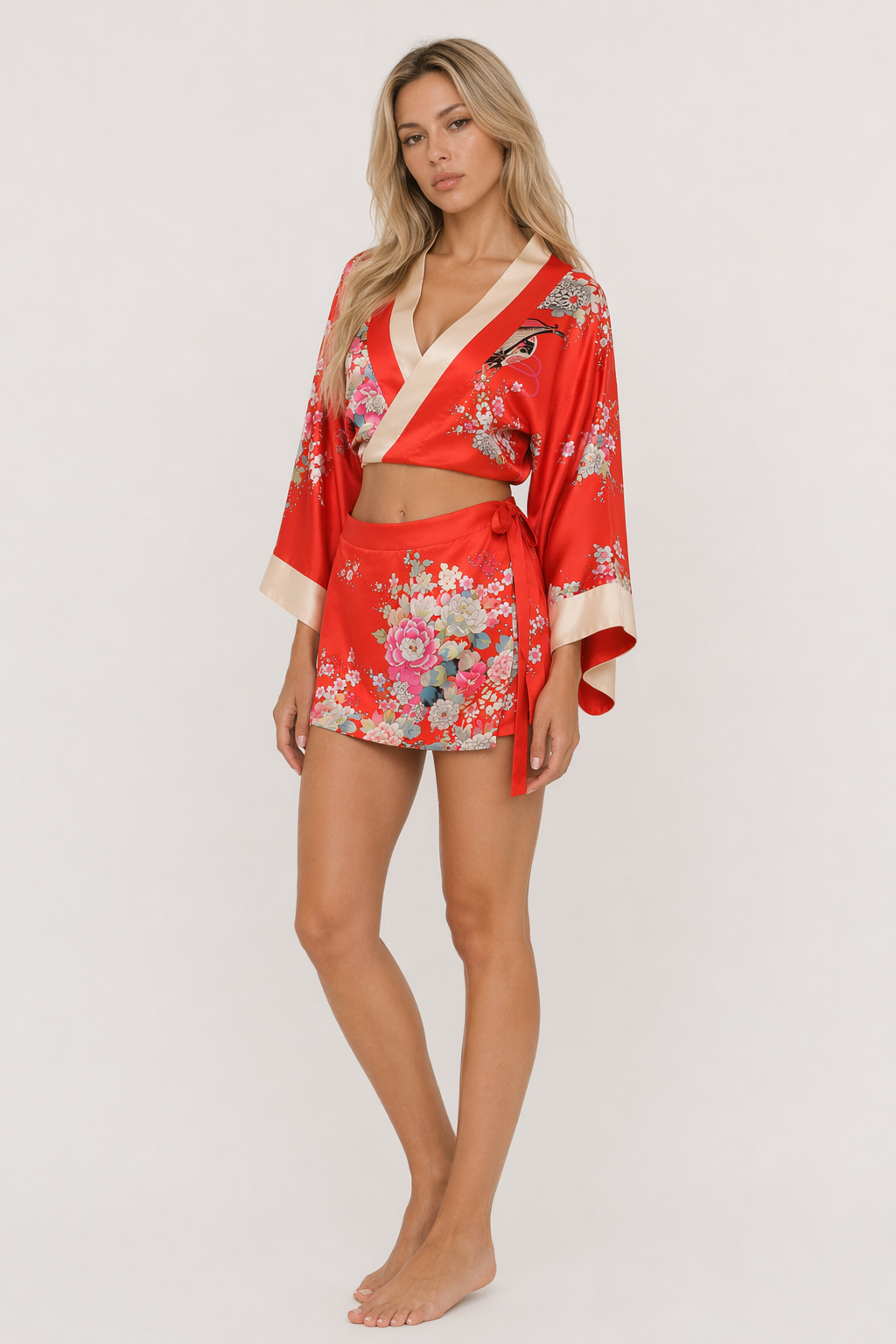 Flower Print Short Kimono - 2 Colors for Women's Traditional Japanese Yukata L
