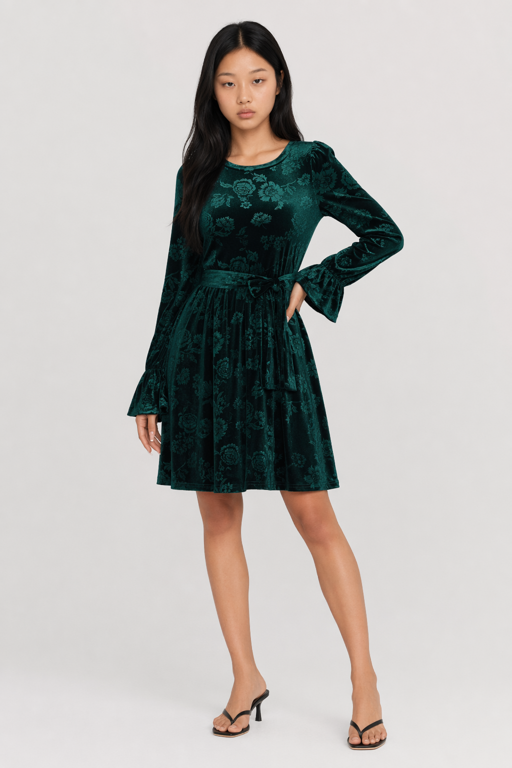 Tied Flower Print Round Neck Flounce Sleeve Dress Dark Green