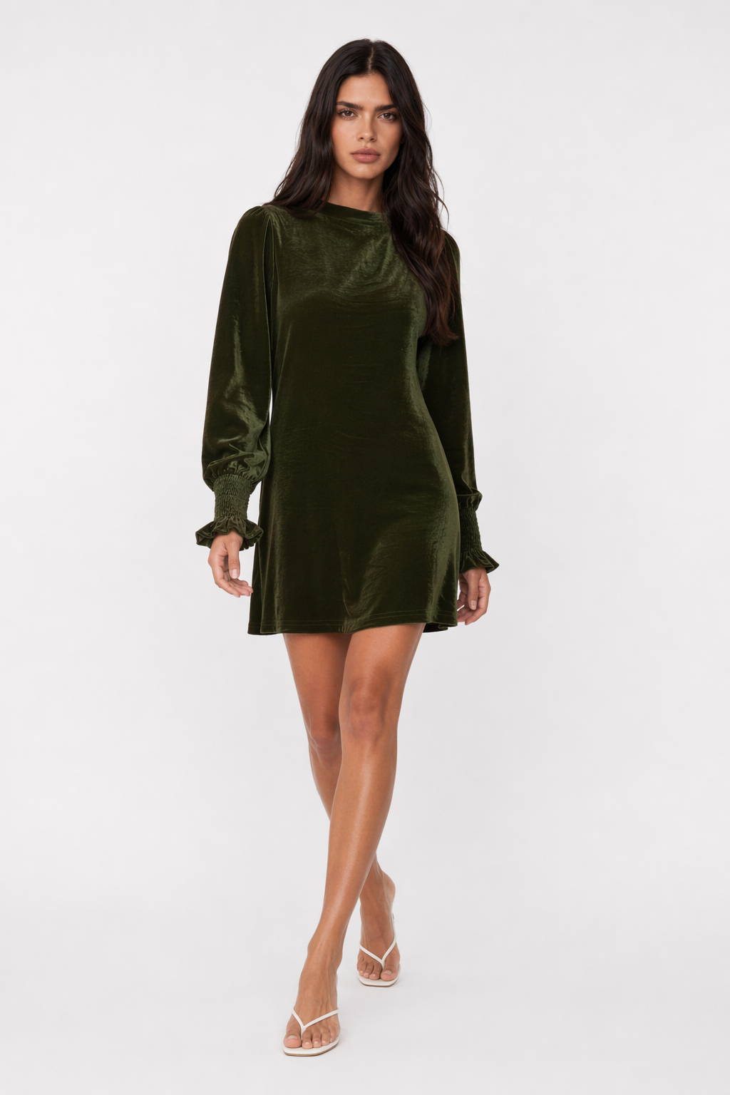 Full Size Mock Neck Smocked Long Sleeve Mini Dress Moss