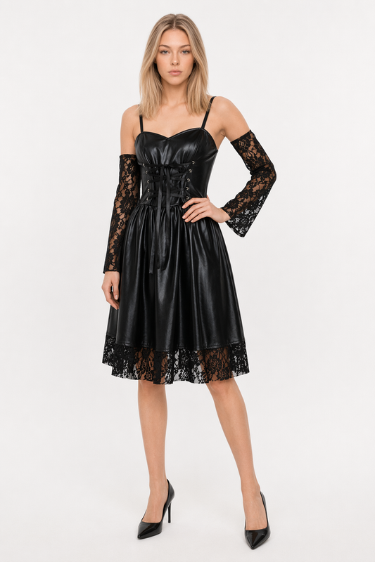 Gothic Anime Cosplay Dress in PU Leather with Spaghetti Straps Black