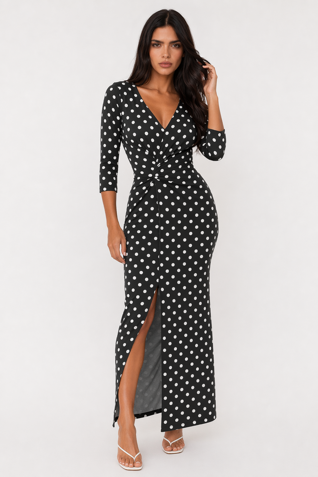 Slit Polka Dot V-Neck Dress Plaid