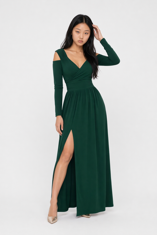 Slit Surplice Long Sleeve Maxi Dress Dark Green