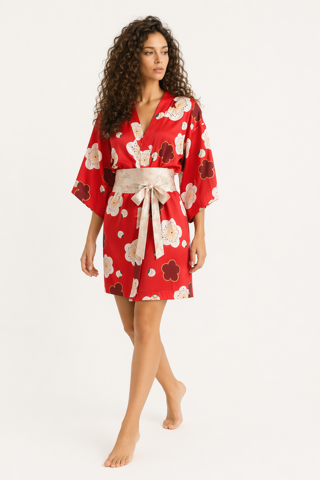 Sakura Kimono Sleepwear: Floral Satin L
