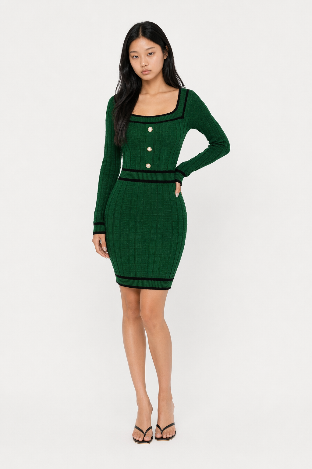 Contrast Trim Long Sleeve Sweater Dress Dark Green