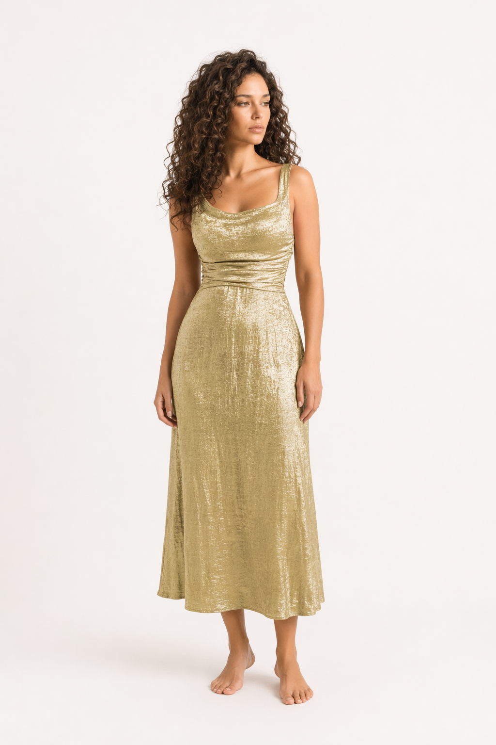 Honey Asymmetric Neck Sleeveless Midi Dress Yellow-Green
