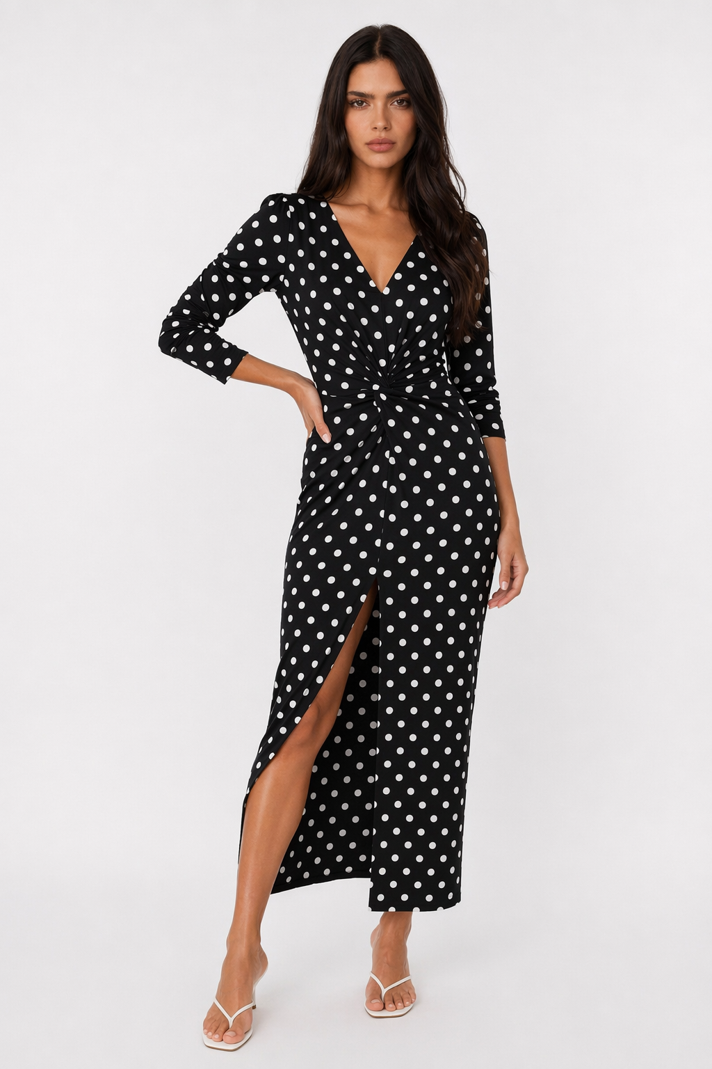 Slit Polka Dot V-Neck Dress Black