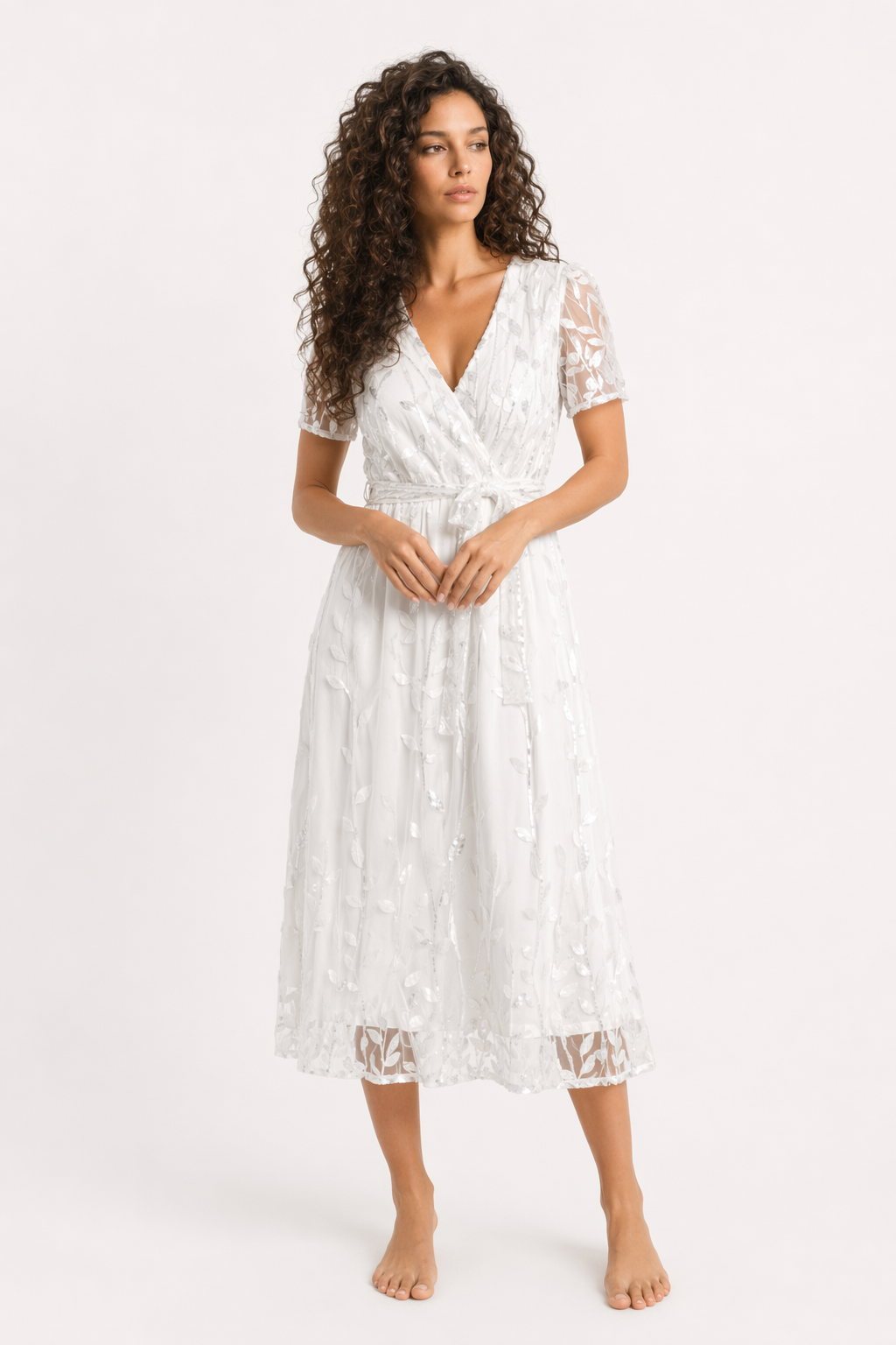 Sequin Leaf Embroidery Tie Front Short Sleeve Dress White