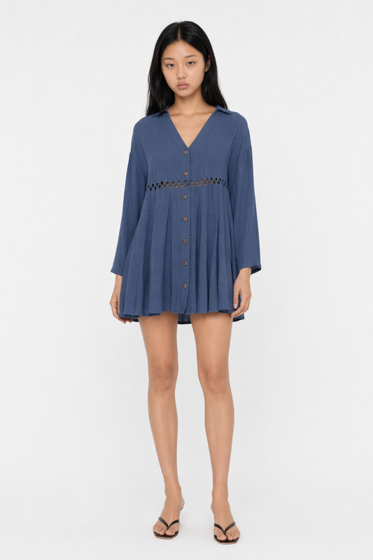 Cutout Johnny Collar Long Sleeve Mini Dress Dusty Blue
