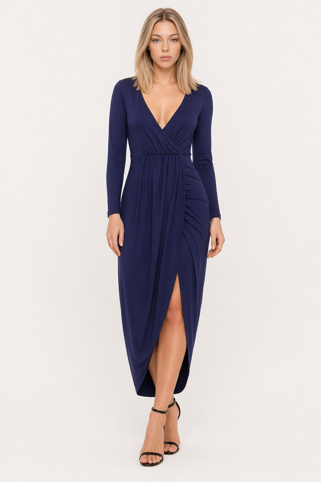 High-low Ruched Surplice Long Sleeve Dress Navy