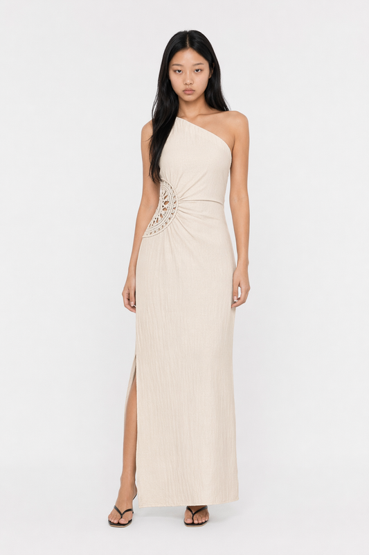 Honey Slit One Shoulder Sleeveless Maxi Dress Beige