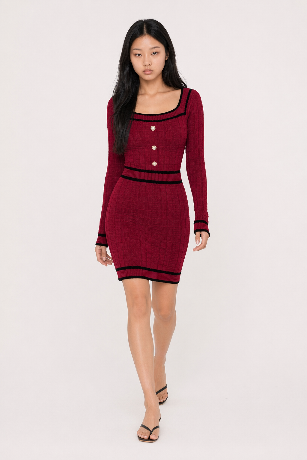 Contrast Trim Long Sleeve Sweater Dress Burgundy