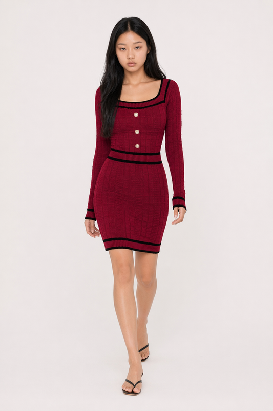 Contrast Trim Long Sleeve Sweater Dress Burgundy
