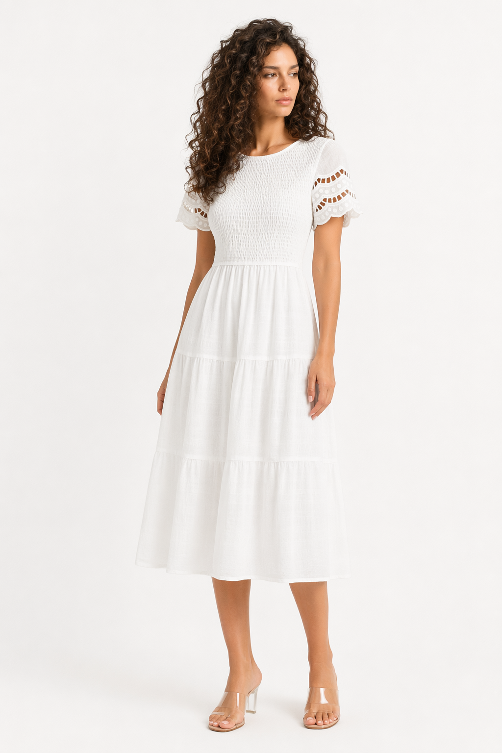 Devine Smocked Round Neck Short Sleeve Midi Dress White