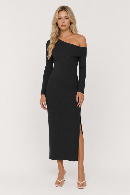 Slit One Shoulder Long Sleeve Dress Black
