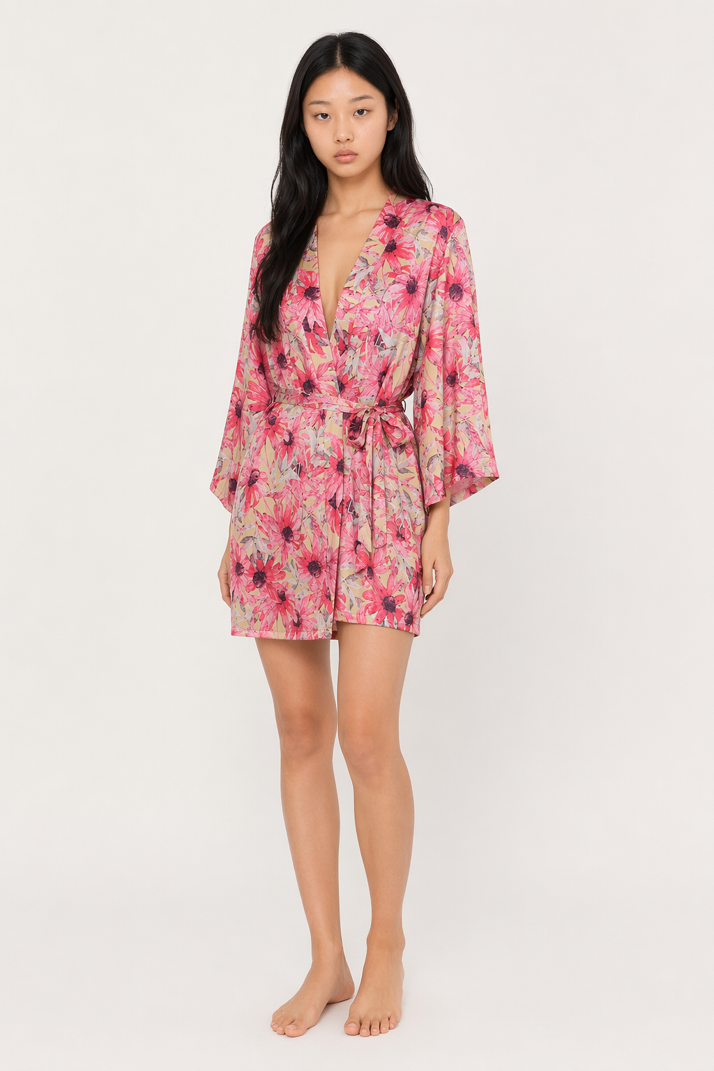 Satin Kimono Robe - Japanese-inspired Cozy Pink