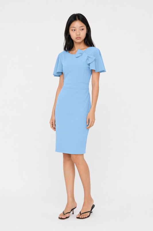 Slit Round Neck Flutter Sleeve Dress Light Blue