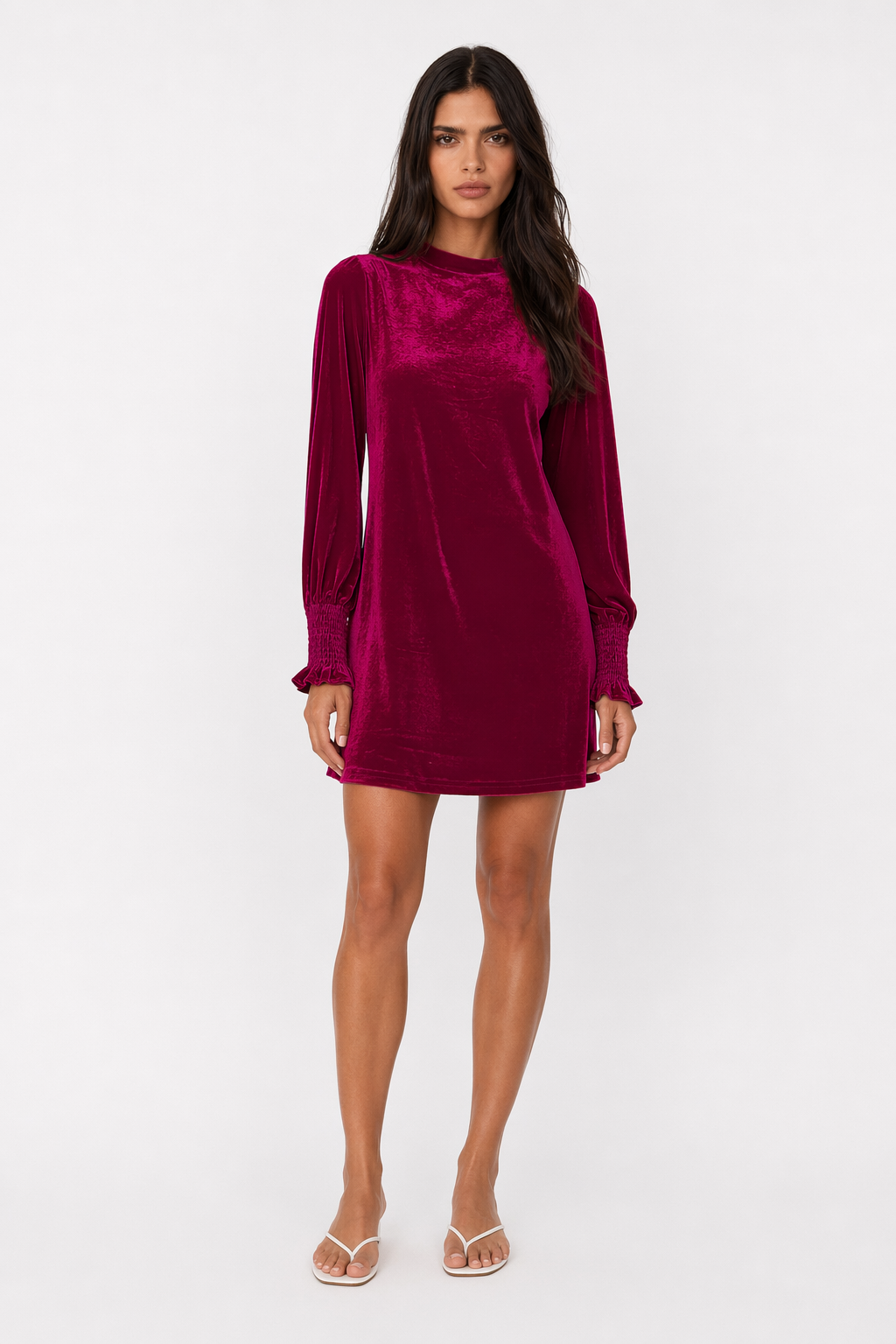Full Size Mock Neck Smocked Long Sleeve Mini Dress Deep Rose
