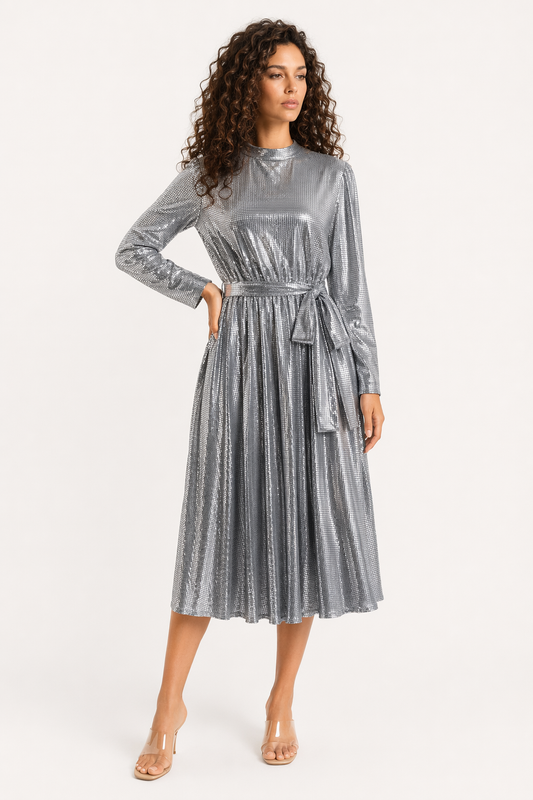 Tie Waist Long Sleeve Midi Dress Silver