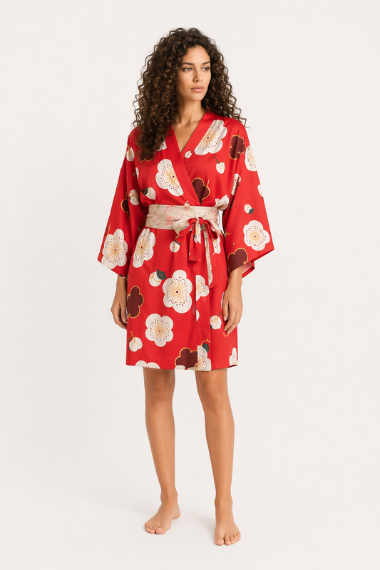 Sakura Kimono Sleepwear: Floral Satin S