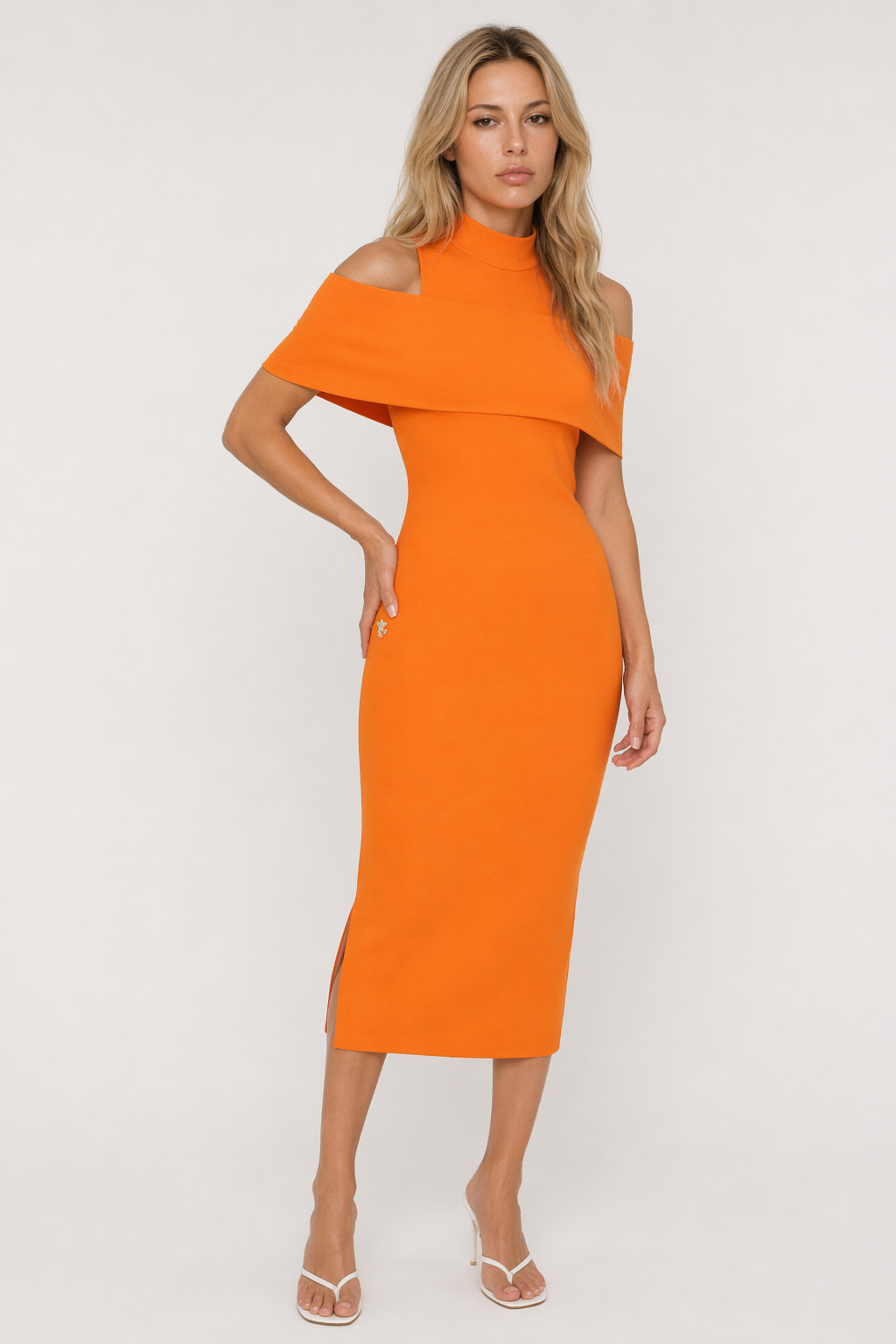 Cold-Shoulder Mock Neck Slit Midi Dress Orange