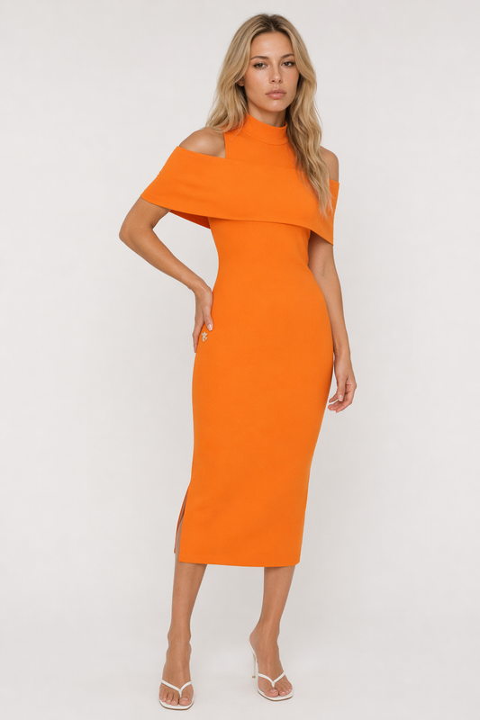 Cold-Shoulder Mock Neck Slit Midi Dress Orange