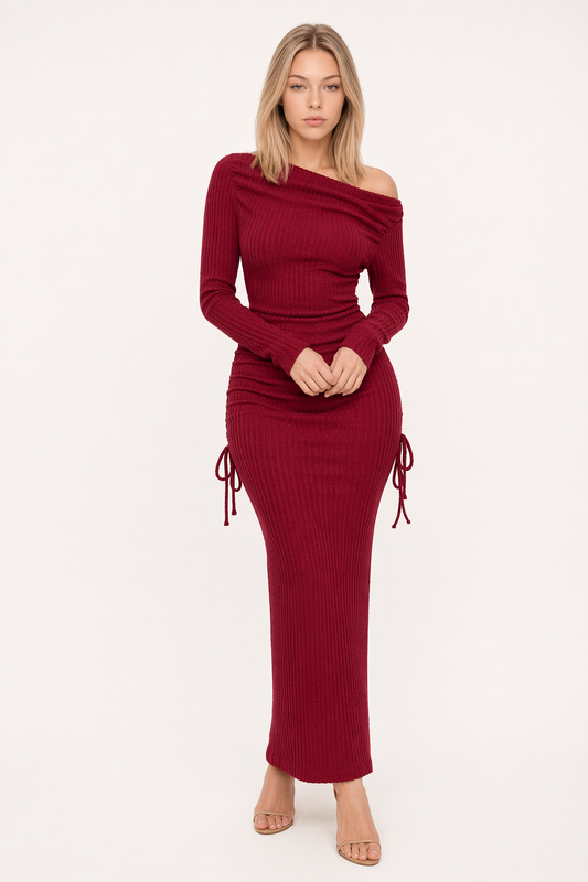 Drawstring Textured Long Sleeve Wrap Dress Burgundy
