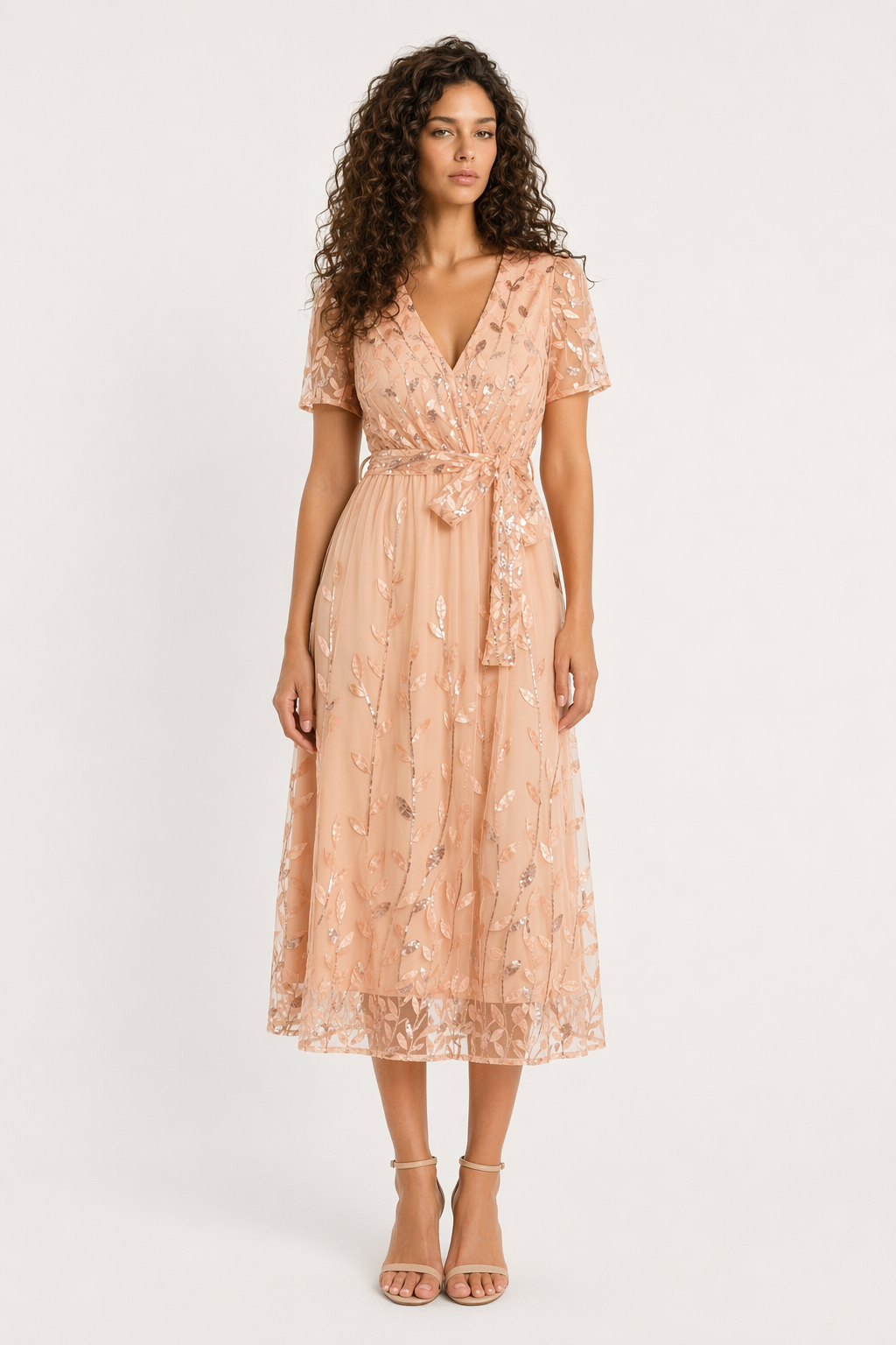 Sequin Leaf Embroidery Tie Front Short Sleeve Dress Tan