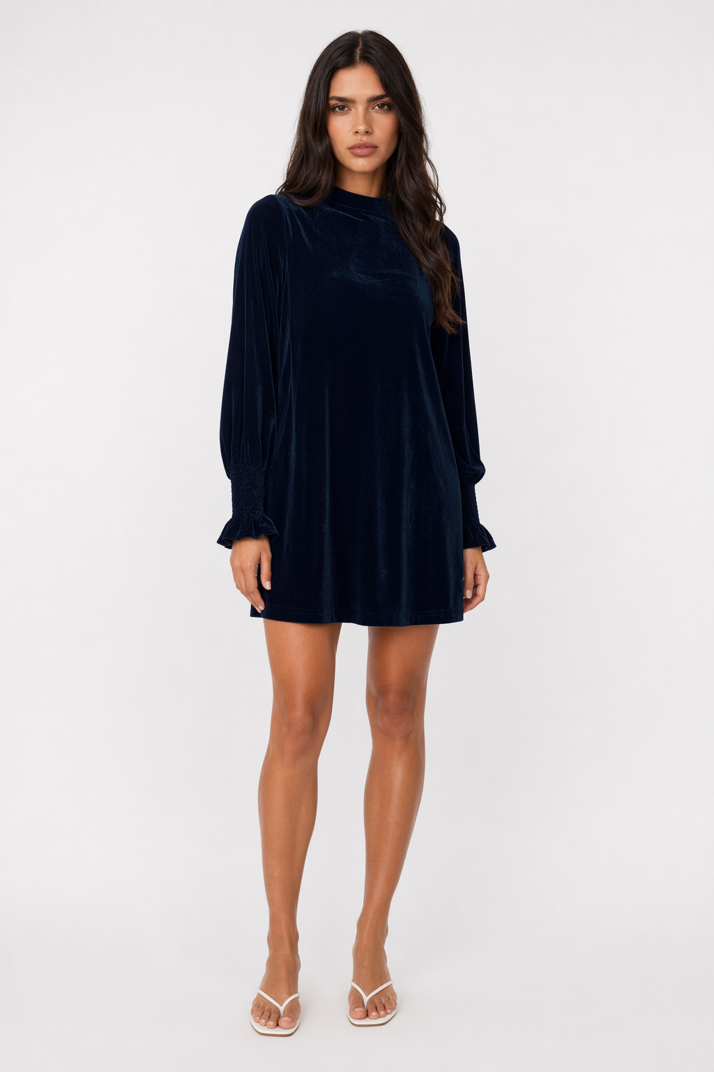 Full Size Mock Neck Smocked Long Sleeve Mini Dress Dark Navy