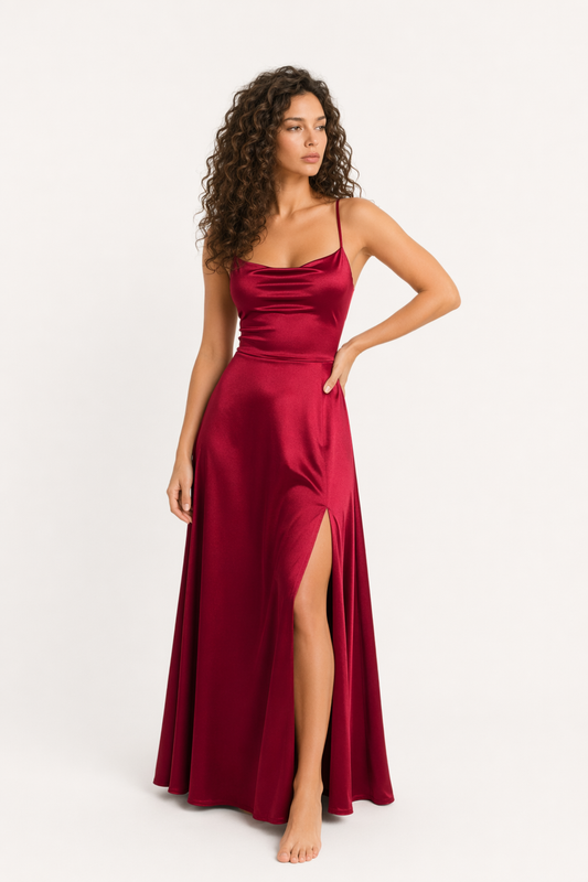Spaghetti Strap Lace-Up Back Split Dress Wine