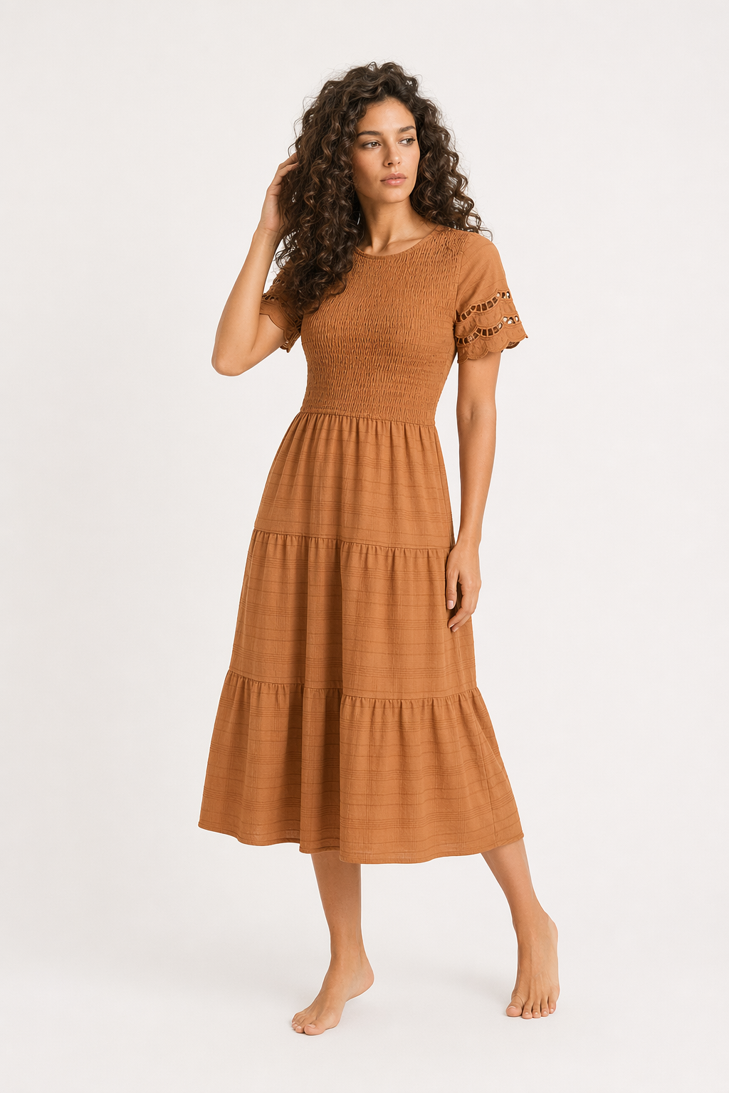 Devine Smocked Round Neck Short Sleeve Midi Dress Caramel