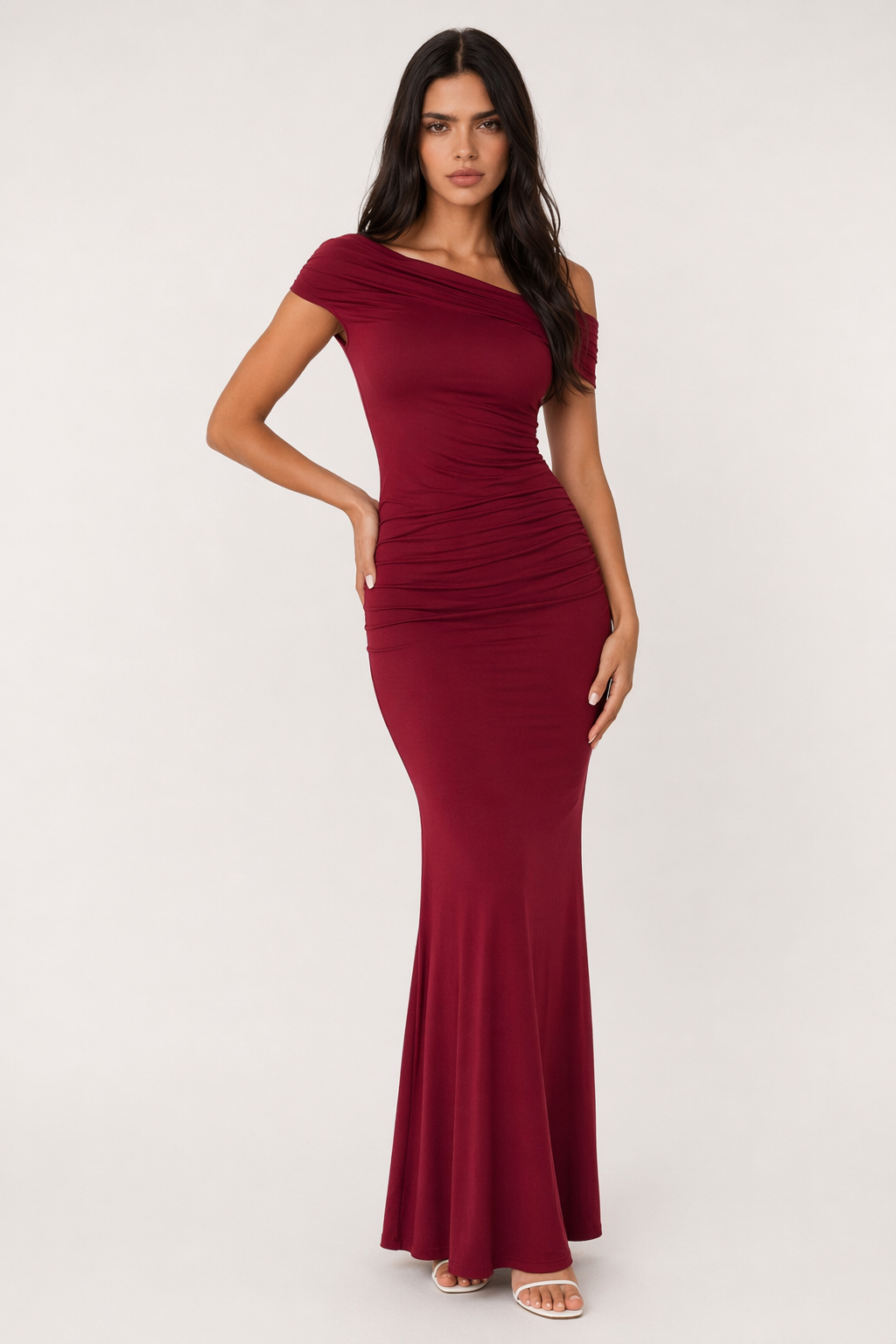 Devine Ruched Single Shoulder Short Sleeve Maxi Dress Burgundy