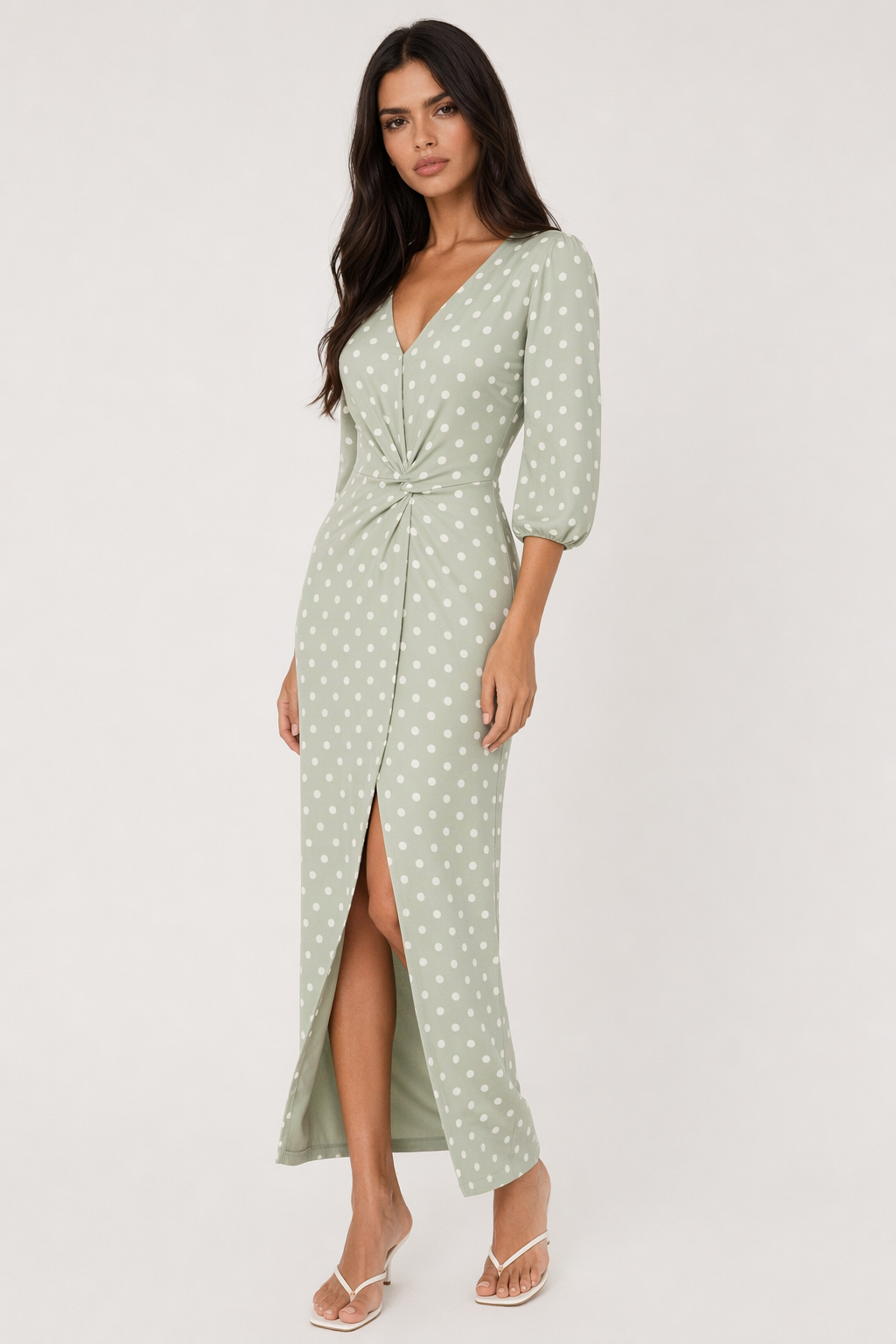 Slit Polka Dot V-Neck Dress Light Green