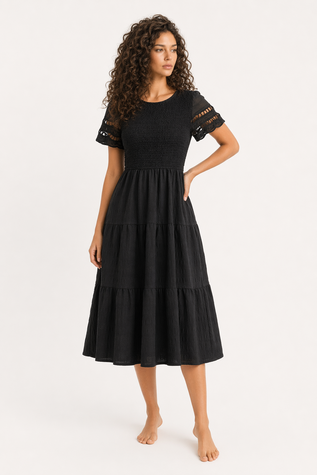Devine Smocked Round Neck Short Sleeve Midi Dress Black