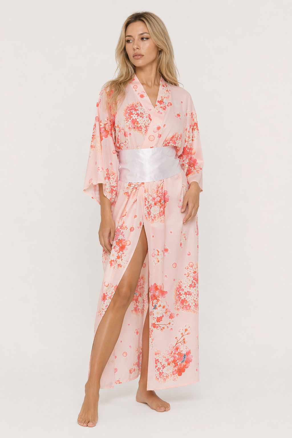 Floral Printed Traditional Kimono Robe Pink