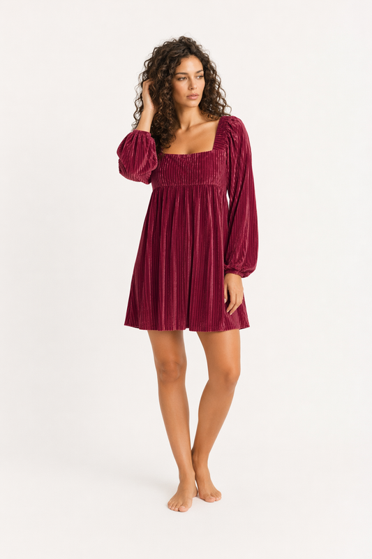 Square Neck Long Sleeve Mini Dress Burgundy